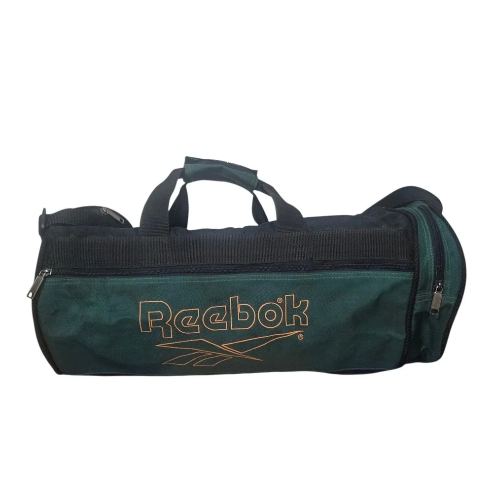 Vintage Reebok Green Black Barrel Duffle Gym Bag Detachable Shoulder Strap